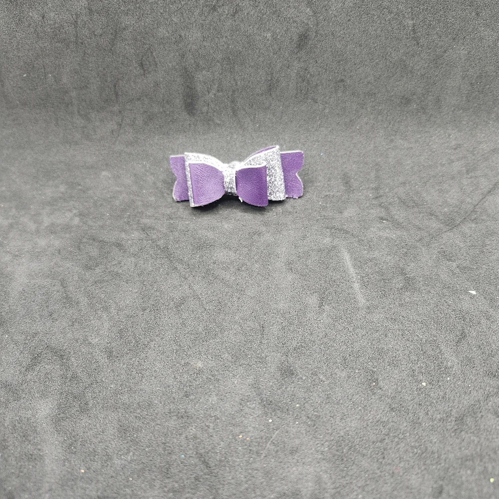 Handmade Purple & Silver Glitter Faux Leather Hair Bow Barrette Clip Girl